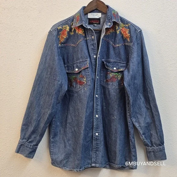 Sunbelt Sportswear Painted Lady Designs Chili Pepper Denim Western Shirt Mens M - Picture 2 of 10